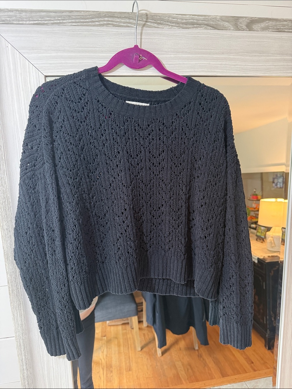 American Eagle Outfitters Black Open-Knit Crewneck Sweater